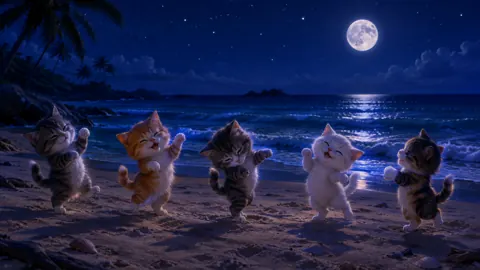 Five Kittens on Moonlit Beach