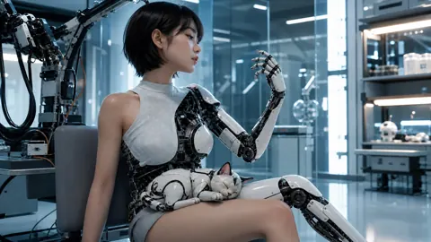 Cyborg Woman With Robotic Cat