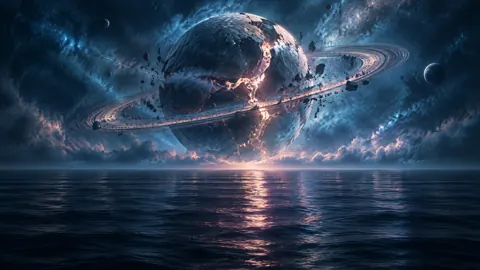 Fractured Ringed Planet Over Ocean