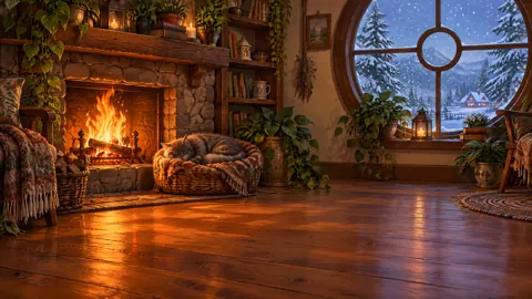 Sleeping Gray Cat by Fireplace