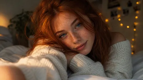 Redhead Woman with String Lights