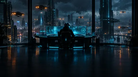 Helmeted Technician Over Cyberpunk City