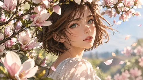 Chestnut-Haired Woman With Magnolias