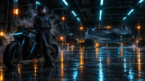 Armored Woman With Electric Motorcycle