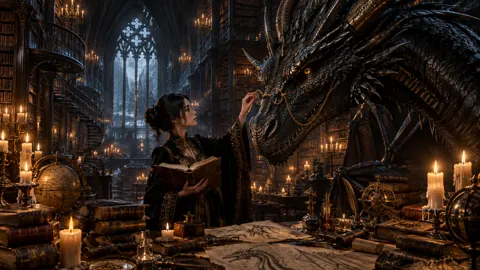Dragon Scholar in Gothic Library