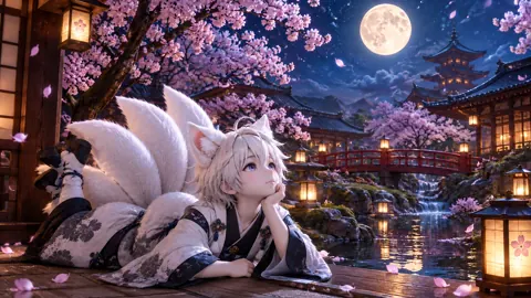 Fox Boy in Moonlit Courtyard