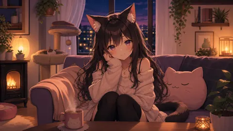 Catgirl in Plant-Filled Apartment