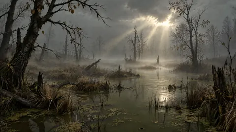 Misty Swamp With Sunbeams