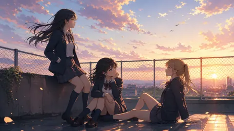 Schoolgirls on Rooftop at Sunset