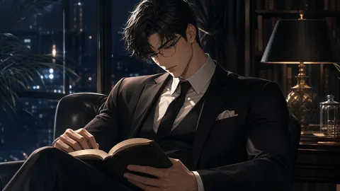Man Reading in Night Library