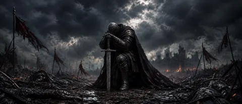 Kneeling Knight Before Burning Castle