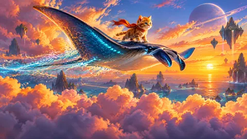 Kitten Riding Glowing Manta Ray