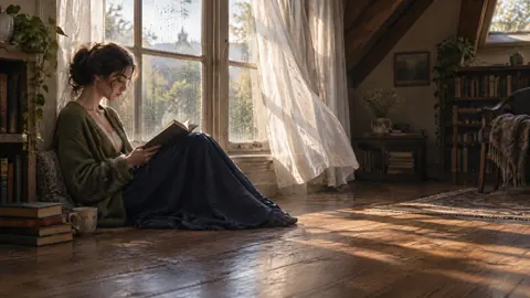 Woman Reading by Rainy Window