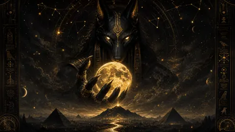 Anubis Holding Moon Over Pyramids