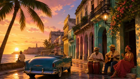 Cuban Street With Blue Convertible
