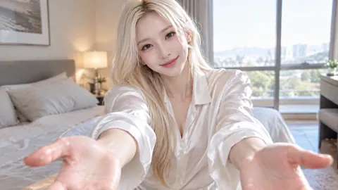 Smiling Blonde Woman in Bedroom