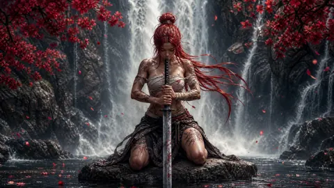 Red-Haired Warrior by Waterfall