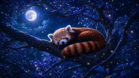 Sleeping Red Panda Under Moonlight