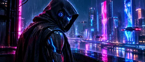 Hooded Cyborg Above Neon City