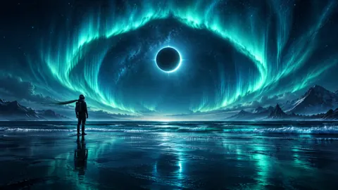 Astronaut Beneath Turquoise Aurora