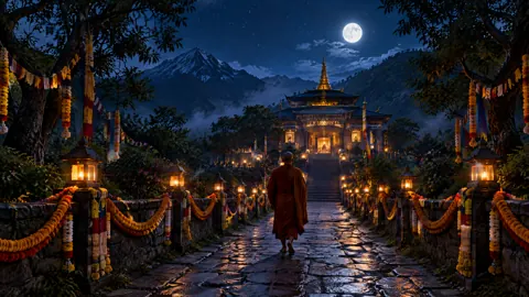 Monk Walking to Moonlit Temple