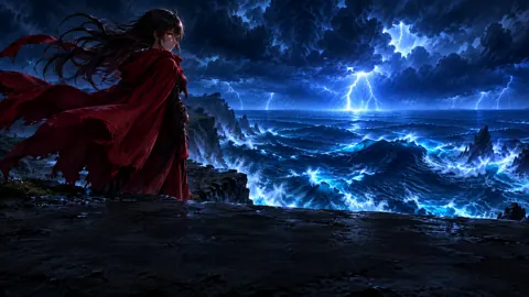 Crimson Cloak Above Storm Sea