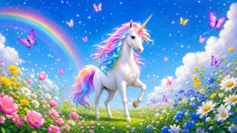 Unicorn in Rainbow Flower Meadow