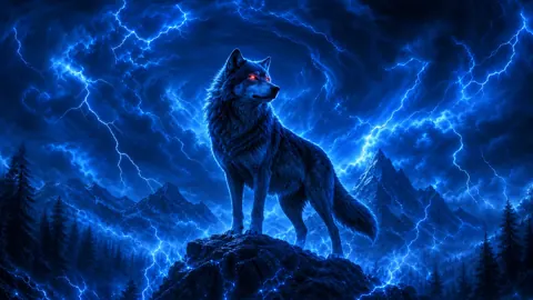 Blue Wolf in Lightning Storm