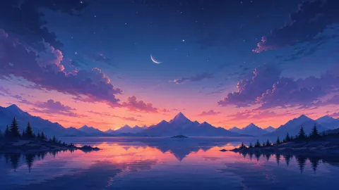 Crescent Moon Over Mountain Lake