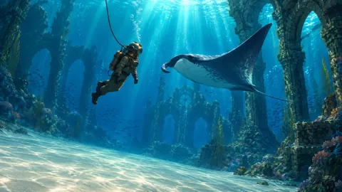 Antique Diver With Manta Ray