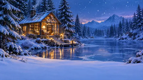 Snowy Reading Cabin by Pond