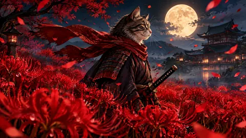Samurai Cat Under Full Moon