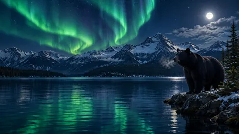 Black Bear Under Aurora