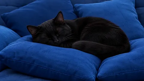 Black Cat on Blue Cushions