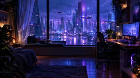 Cyberpunk Studio With Sleeping Cat