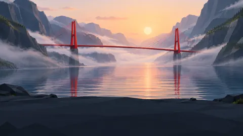 Scarlet Bridge Over Foggy Fjord