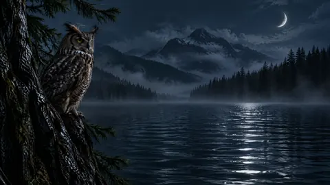 Great Horned Owl by Moonlit Lake