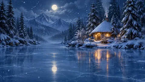 Snowy Cottage by Frozen Lake