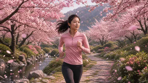 Woman Running Under Cherry Blossoms