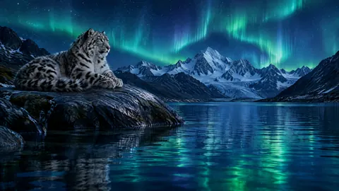 Snow Leopard Under Aurora