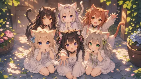 Six Catgirls in Courtyard
