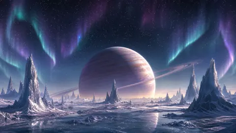 Ringed Planet Over Ice Spires