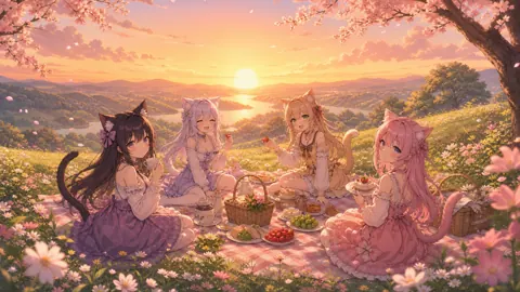 Catgirls Picnic Under Cherry Blossoms