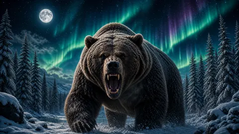 Roaring Kodiak Bear Under Aurora