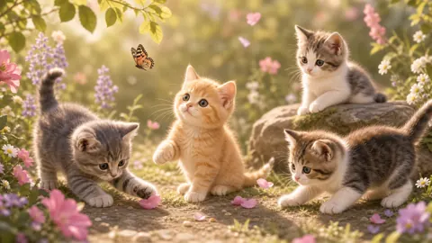 Four Kittens in Flower Garden