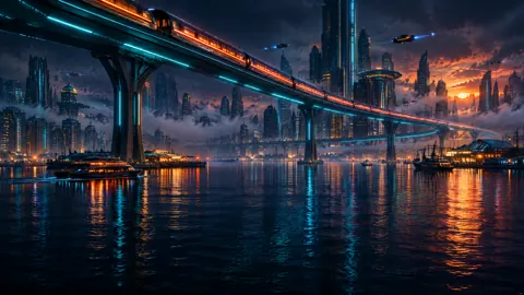 Skyrail Over Futuristic Harbor