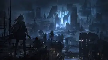 Arknights-inspired tactical operators silhouetted on rain-soaked rooftops overlooking a vast dystopian neon city, wide cinematic composition, cold blue-gray lighting, tense and moody atmosphere. live wallpaper