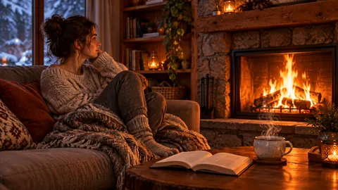 Woman Reading by Fireplace