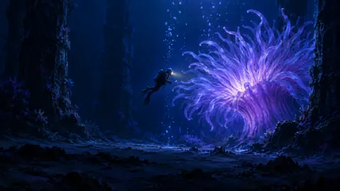 Diver Before Violet Anemone