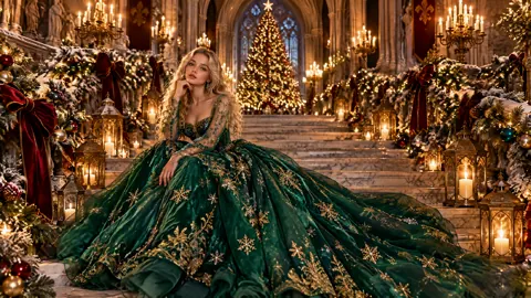 Blonde Woman in Christmas Ballroom